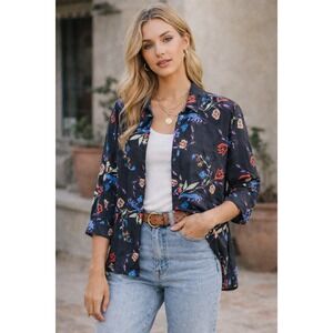 French Laundry Womens XL Black Floral 100% Silk Button Down Blouse Shirt